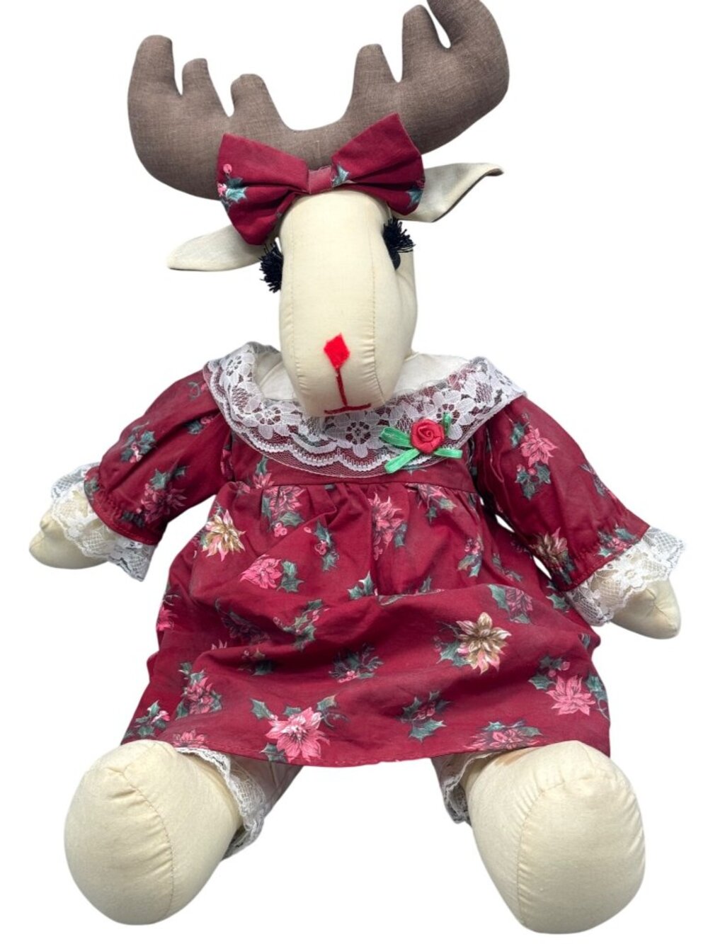 Handmade Beige 20" Moose Reindeer Christmas Plush Poinsettia Dress READ